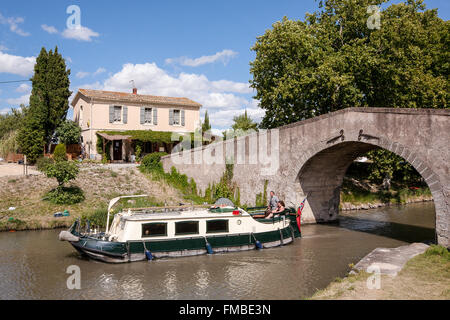 Canal Du Midi, Radfahren, Schifffahrt, Boote, Aude, Carcassonne, Süden, Frankreich, Europa, Stockfoto