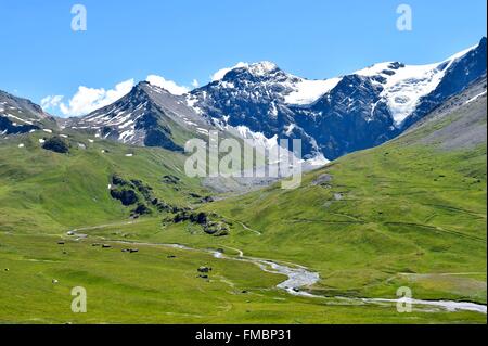 Savoie, Frankreich, Haute Tarentaise, Le Clou Weiler (2226m) mit Blick auf die Pointe des Mines und der Oberseite, Sainte-Foy-Tarentaise Stockfoto