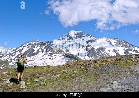 Frankreich, Savoyen, Vanoise, La Plagne, mit Blick auf die Gletscher des Bellecote von la Roche de Mio (2700m) Stockfoto