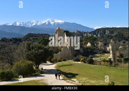 Frankreich, Pyrenees Atlantiques, Ille Sur Tet, Les Orgues (Organe) mit Canigou-massiv im Hintergrund Stockfoto