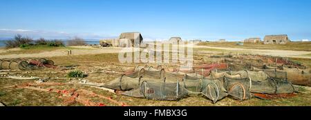 Frankreich, Pyrenäen Orientales, Canet En Roussillon, Canet Saint Nazaire Teich, Hütten der Fischer Stockfoto