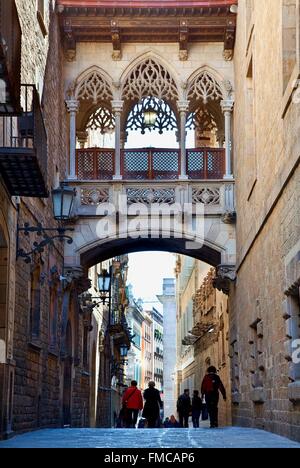 Spanien, Katalonien, Barcelona, Barrio Gotico (gotisches Viertel), Carrer del Bisbe Irurita, gotische Brücke Stockfoto