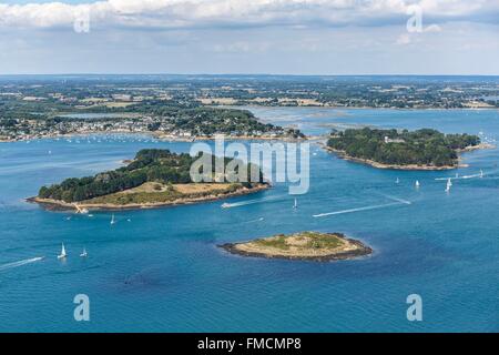 Frankreich, Morbihan, Golf von Morbihan, Er Lannic, Gavrinis und Ile Berder Inseln (Luftbild) Stockfoto