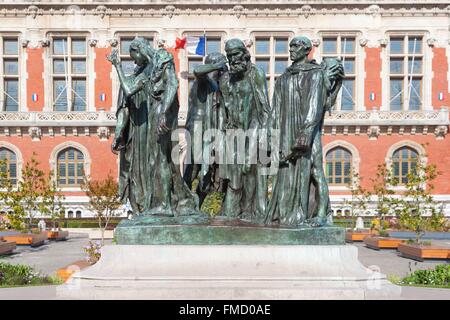 Denkmal für die Bürger von Calais, Bronzestatuen von Auguste Rodin, Calais, Pas-De-Calais, Frankreich Stockfoto