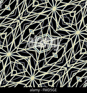 Futuristische geometrische abstrakte komplizierte Musterdesign mit weißen ineinander verschlungenen Linien auf schwarzem Hintergrund Stockfoto