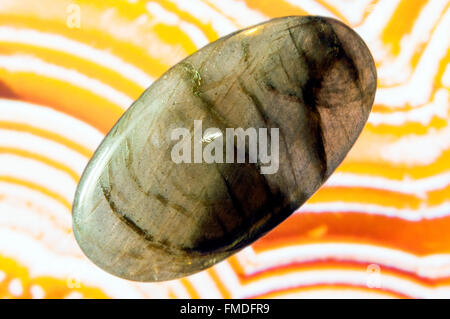 Afrikanischer blauer Flasy Labradorit Mineral Stein in Studioumgebung Stockfoto