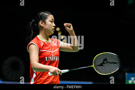 Birmingham. 11. März 2016. Nozomi Okuhara Japan feiert nach Dameneinzel Viertelfinale gegen Wang Yihan of China die 2016 YONEX All England Open Badminton Championships in Birmingham, Großbritannien am 11. März 2016 entsprechen. Bildnachweis: Tang Shi/Xinhua/Alamy Live-Nachrichten Stockfoto