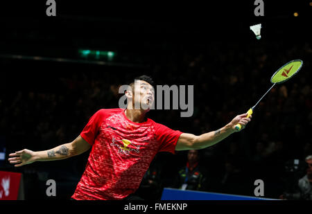 Birmingham. 11. März 2016. Lin Dan aus China konkurriert in der Herren Einzel Viertelfinalspiel gegen Jan O Jorgensen von Danmark an den 2016 YONEX All England Open Badminton Championships in Birmingham, Großbritannien am 11. März 2016. Bildnachweis: Tang Shi/Xinhua/Alamy Live-Nachrichten Stockfoto