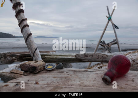 Backcountry Campingplatz an Nels Bight, Cape Scott Provincial Park, Vancouver Island, British Columbia Stockfoto