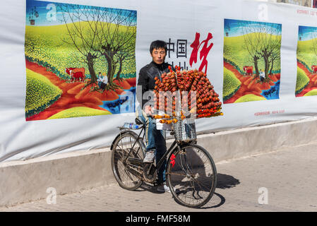 Chinesische Hersteller auf seinem Fahrrad Verkauf kandierte Früchte (Weißdorn) in Peking, China. Stockfoto