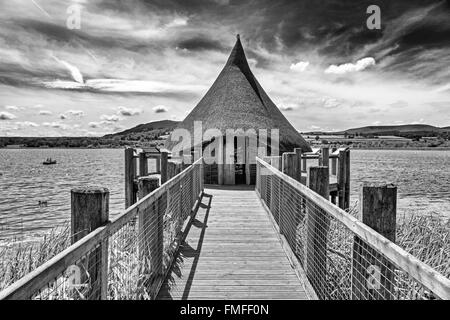 Anlegesteg und strohgedeckten Hütte Landschaft / Wasserlandschaft am Llangorse See, Brecon, Powys, wales, UK Stockfoto