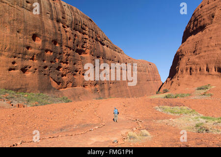 Wandern in Walpa Gorge, Kata Tjuta Tourist / The Olgas (UNESCO-Weltkulturerbe), Uluru-Kata Tjuta National Park, Australien Stockfoto