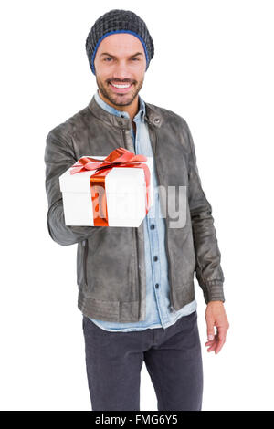 Glückliche junge Mann, Geschenk Stockfoto