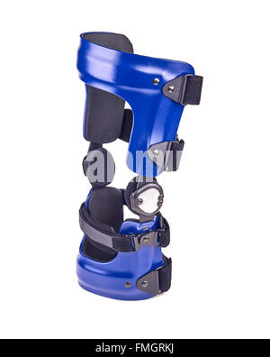 Blaue manipulierten Knieorthese isoliert auf weiß. Stockfoto