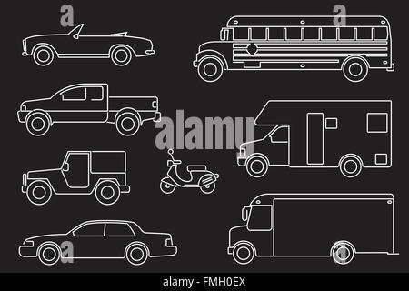 Set von acht Kfz-Illustrationen, Symbol Linienart, weiß auf schwarz Stock Vektor