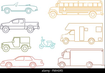 Satz von acht Kraftfahrzeug Illustrationen, Symbol Linienart Stock Vektor