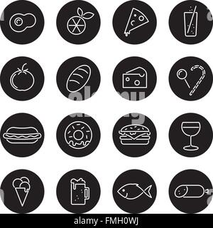 Essen Linie Symbole in schwarze Kreise Sammlung Stock Vektor