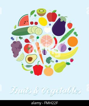 Abbildung von verschiedenen Obst und Gemüse in einem Kreis angeordnet. Flache Bauweise, keine Farbverläufe oder Folien. Stock Vektor