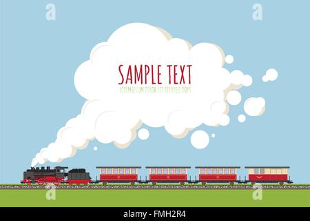 Historische Lokomotive und Waggons auf Bahngleis, kopieren Sie Raum in Wolke von Dampf, flache Bauweise, keine Farbverläufe oder Folien. Stock Vektor