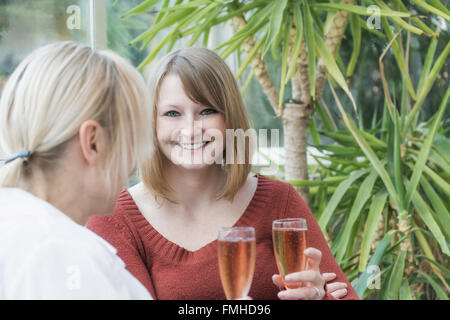 Junge rothaarige Frau spricht mit blonden mittlere gealterte Frau im Wintergarten sitzen. Stockfoto