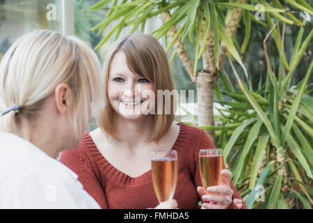 Junge rothaarige Frau spricht mit blonden mittlere gealterte Frau im Wintergarten sitzen. Stockfoto