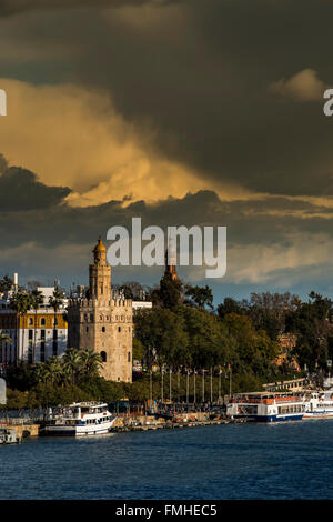 Wachturm Torre del Oro und Fluss Guadalquivir, Sevilla, Andalusien, Spanien Stockfoto