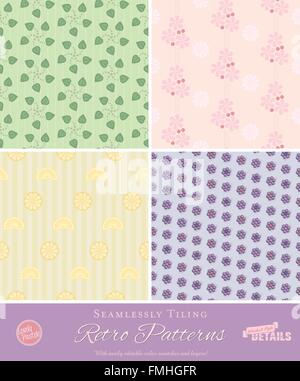 Satz von vier Fliesen nahtlos Retro-Muster mit stilisierten Blättern, Blüten und Früchte in Pastell-Farben Stock Vektor