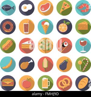 Flache Bauform, lange Schatten Essen und trinken Vektor-Icons set Stock Vektor