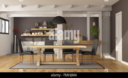 Weißer und brauner Wohnzimmer mit Esstisch aus Holz und modernen Sofa - 3D Rendering Stockfoto