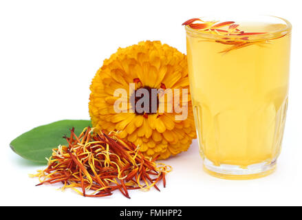 Pflanzliche Calendula Blume mit Extrakt in einem Glas auf weißem Hintergrund Stockfoto