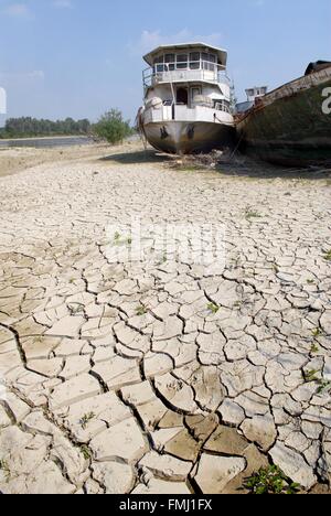 Italien, außergewöhnlich niedrigem Wasserstand des Flusses Po in Boretto (Parma) Stockfoto