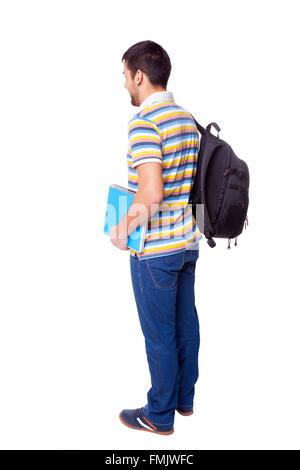 Rückansicht eines männlichen Studenten stehend von hinten auf weißem Hintergrund Stockfoto