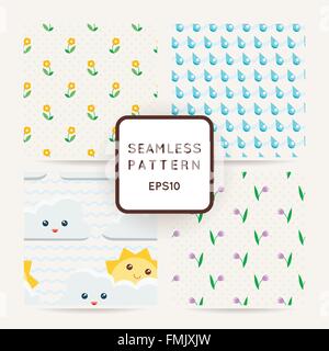 Satz von vier Musterdesigns an Wildblumen, Regen und Wolken. Stock Vektor