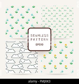 Satz von vier Musterdesigns an Wildblumen, Regen und Wolken. Stock Vektor