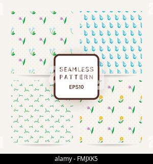 Satz von vier Musterdesigns an Wildblumen, Regen und Wolken. Stock Vektor