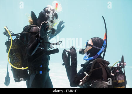 Mann einen Heiratsantrag in Scuba gear Stockfoto