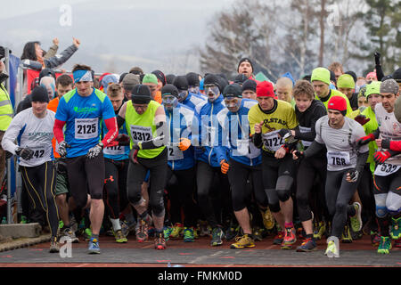 Bischofsheim, Deutschland. 12. März 2016. Die Teilnehmer der extremen laufen Braveheart Battle beginnt des Laufs in Bischofsheim, Deutschland, 12. März 2016. Fast 2.700 Läufer müssen eine 30 Kilometer lange Strecke mit 45 Hindernisse zu bewältigen. Die Extremerun führt durch eiskaltes Wasser, tiefen Schlamm Gruben und heißes Feuer Hindernisse. Es soll eines der am stärksten in Europa. Foto: DANIEL KARMANN/Dpa/Alamy Live News Stockfoto