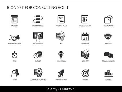 Vektor Icon set für Thema Beratung. Verschiedene Symbole für Strategieberatung, IT-Beratung, Unternehmensberatung Stock Vektor