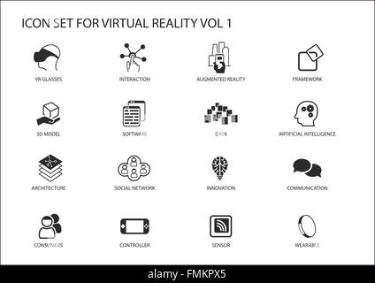 Virtuelle Realität (VR) Vektor Icon-Set. Mehrere Symbole im flat Design wie virtual-Reality-Brille, augmented-Reality, sensor Stock Vektor