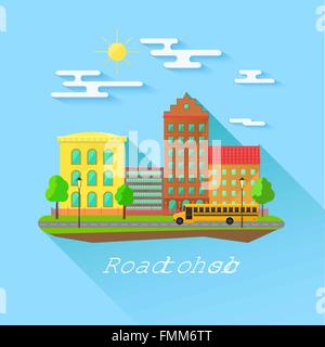 Schulgebäude, Bus und Vorgarten mit Studierenden Kindern. Flachen Stil-Vektor-illustration Stock Vektor