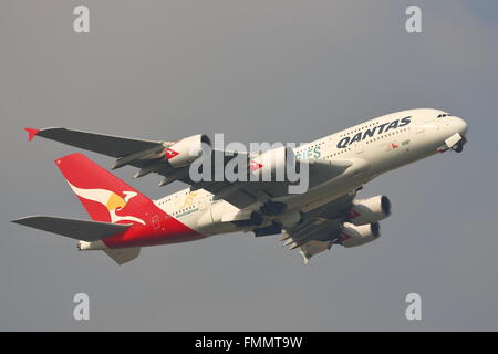 Qantas Airbus A380-800 VH-OQH Wallabies ausgehend von London Heathrow Airport, Großbritannien Stockfoto