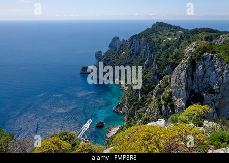 Blick vom Park auf Klippe mit Faraglioni-Felsen, Villa Astarita, Insel Capri, Golf von Neapel, Kampanien, Italien Stockfoto