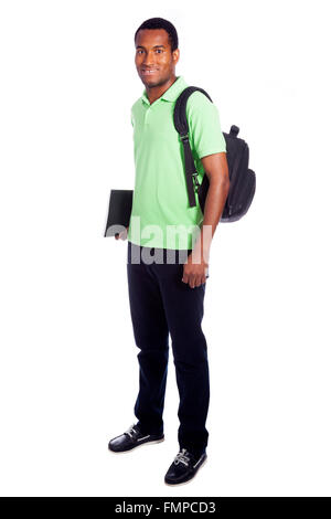 Ganzkörper-Porträt eines afroamerikanischen Studenten lächelnd - auf einem weißen Hintergrund isoliert Stockfoto
