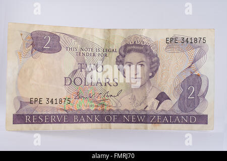 Vintage New Zealand zwei-Dollar-Banknote Papiergeld Stockfoto