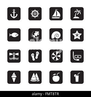 [JPEG] schwarze flache Strand und Sommer Iconset auf Rechteck mit abgerundeten Ecken für Web-Design, UI, Infografik und mobile apps Stockfoto