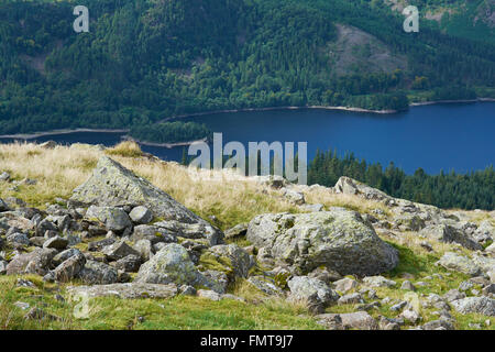 Blick hinunter Thirlmere Reservoir von Route zum Hellvellyn Gipfel - Seenplatte, UK Stockfoto