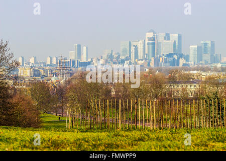 City of London gesehen vom Greenwich Park in London, England. Stockfoto