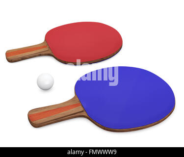 Zwei Tischtennis-Schläger und Ball für Tischtennis isoliert auf weißem Hintergrund. 3D Render. Stockfoto