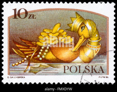 BUDAPEST, Ungarn - 12. März 2016: eine Briefmarke gedruckt in Polen Showsthe Goldene Ente, die Serie "Polnischen Legenden", ca. 1986 Stockfoto