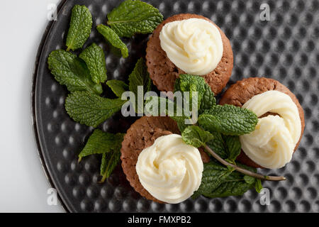 Gebackene hausgemachte Muffins mit Schokolade und Minze Stockfoto